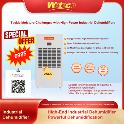 Oferta especial limitada para deshumidificador industrial de 240L/día para espacios grandes, bajo nivel de ruido, drenaje continuo para fábricas/laboratorios